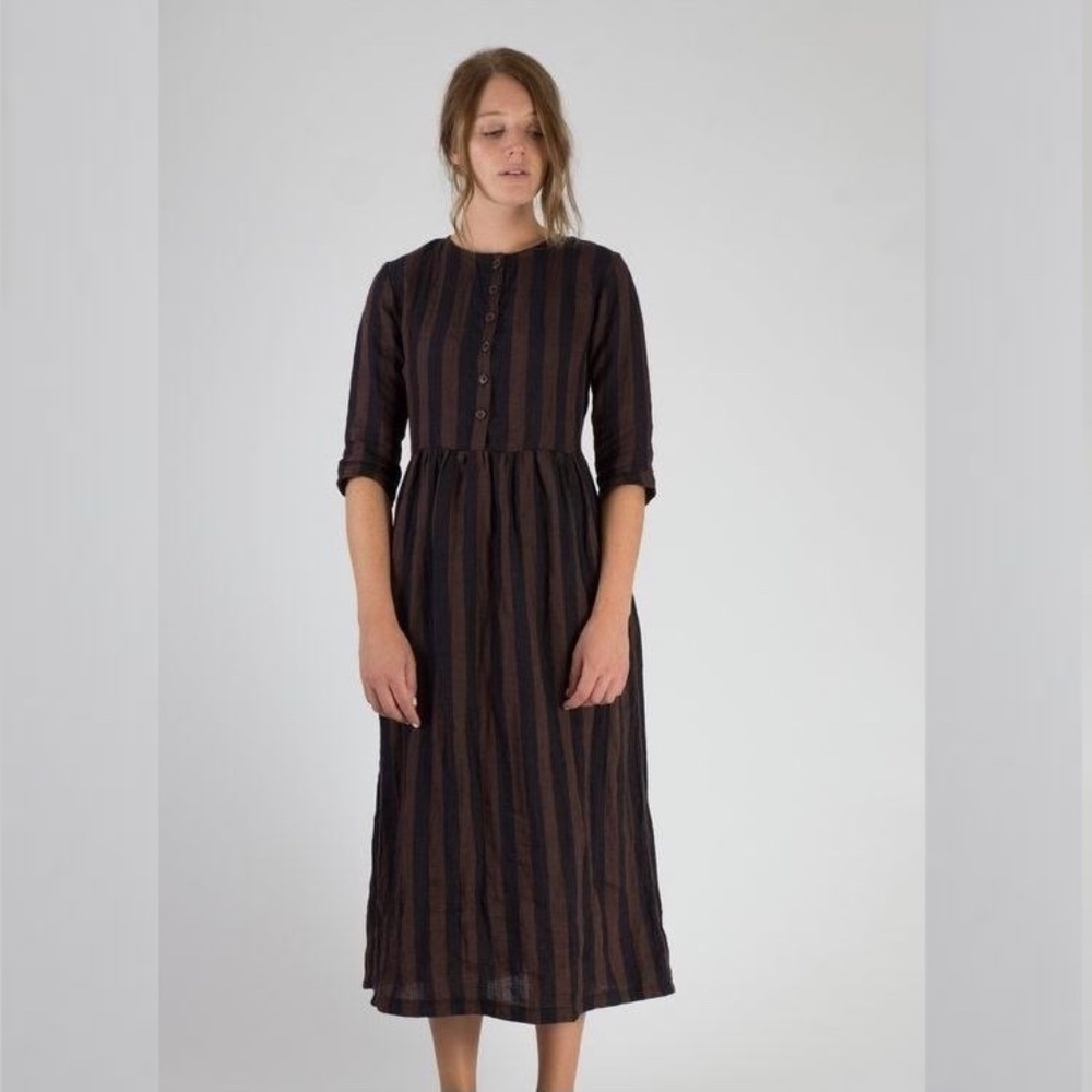 Pyne & Smith No. 14 Full Length Linen Dress in Cocoa Brown & Black Stripe Small